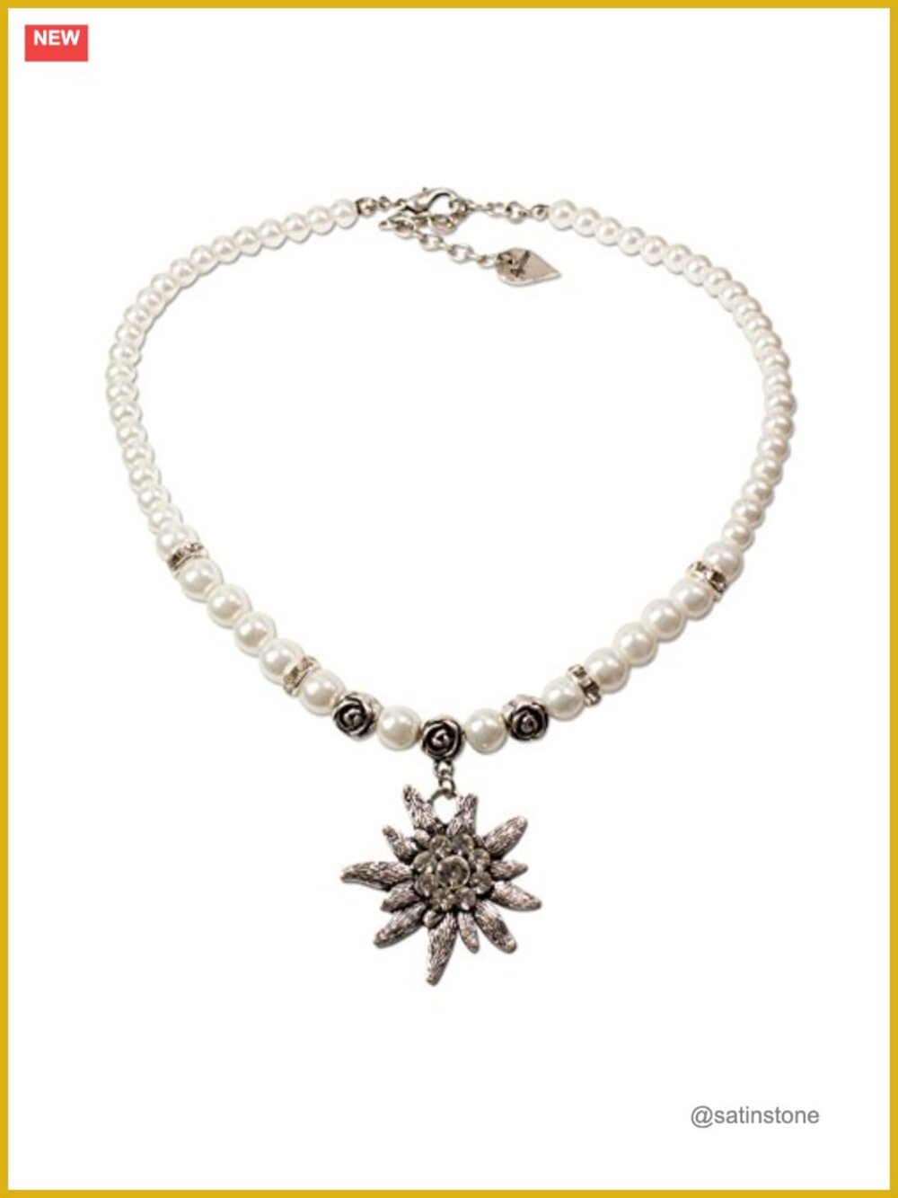 Bavarian Pearl Necklace Edelweiss Pendant Rhinestone Traditional Dirndl Jewelry